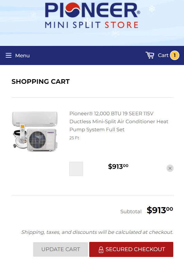 Cart Preview Page on Pioneer Mini Split website, showing a mini split heat pump 12,000 BTU in the cart