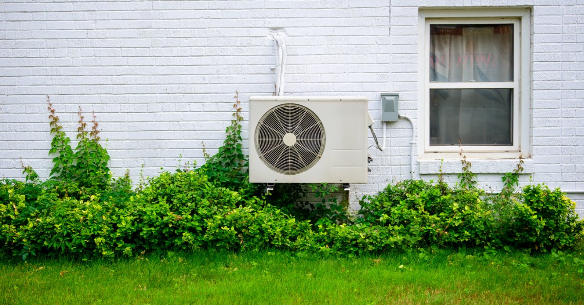 An outdoor mini-split unit mounted on a white brick wall beside a window, above shrubs and a low-cut lawn.