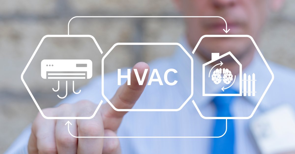 A man in a white shirt and blue tie is touching a virtual HVAC control panel with air conditioning and heating symbols.