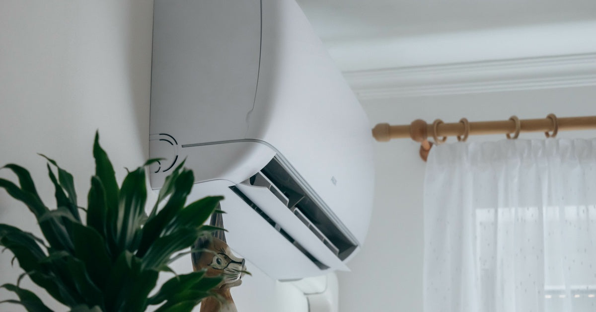 A white mini split heating and cooling system mounted on a white wall, above a plant and a decorative cat figurine.