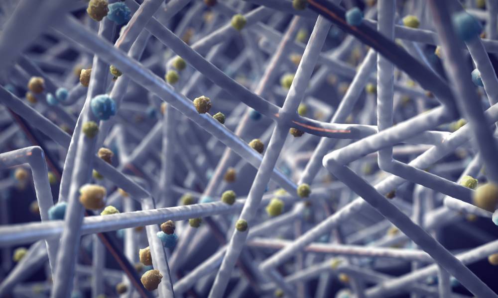 Artist's conception of microscopic fibers in a HEPA filter trapping dust, pollen, and other allergens.