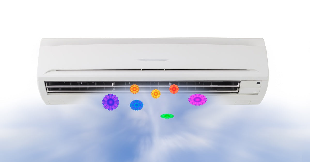 Wall-mounted air conditioner blowing cool, clean air with colorful flowers representing freshness and purified airflow.