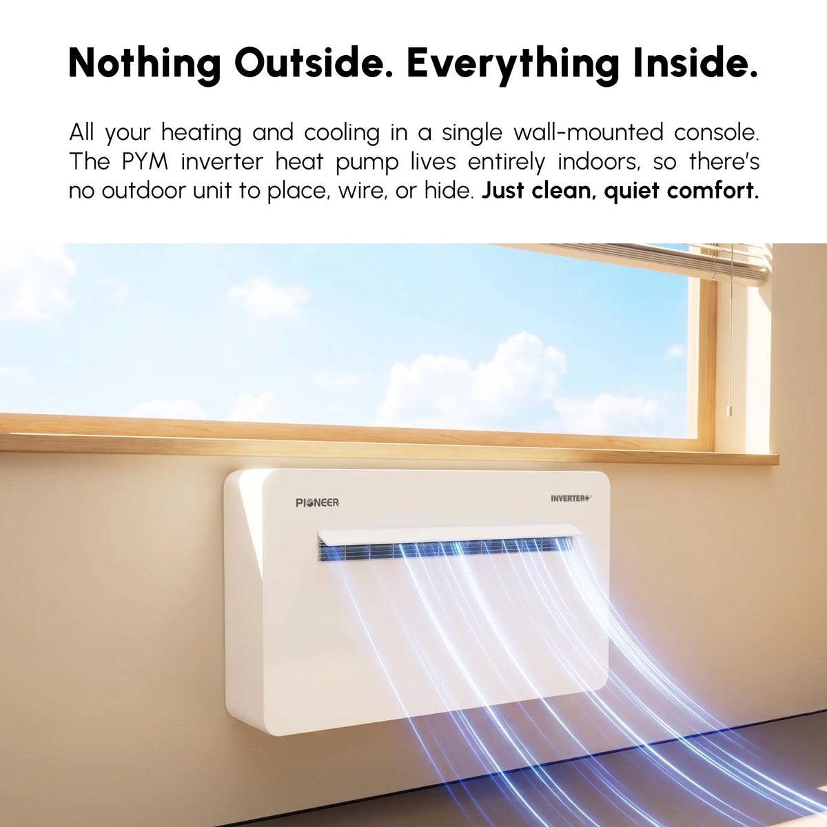 Pioneer 12,000 BTU All-in-One Console Inverter+ Heat Pump, Through-the-Wall Monoblock Packaged Unit with No Outdoor Condenser, 230V