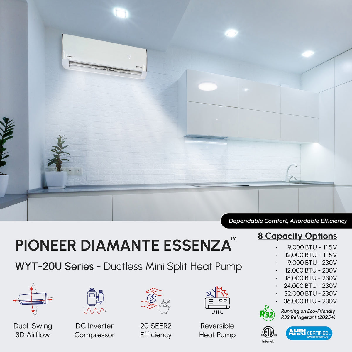 Pioneer® Diamante Essenza™ 24,000 BTU 20 SEER2 230V High-Wall Ductless Mini-Split Air Conditioner Inverter Heat Pump with 16 Ft. Kit