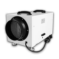 A white commercial grade ductable whole-house dehumidifier with a black front grille and controls.