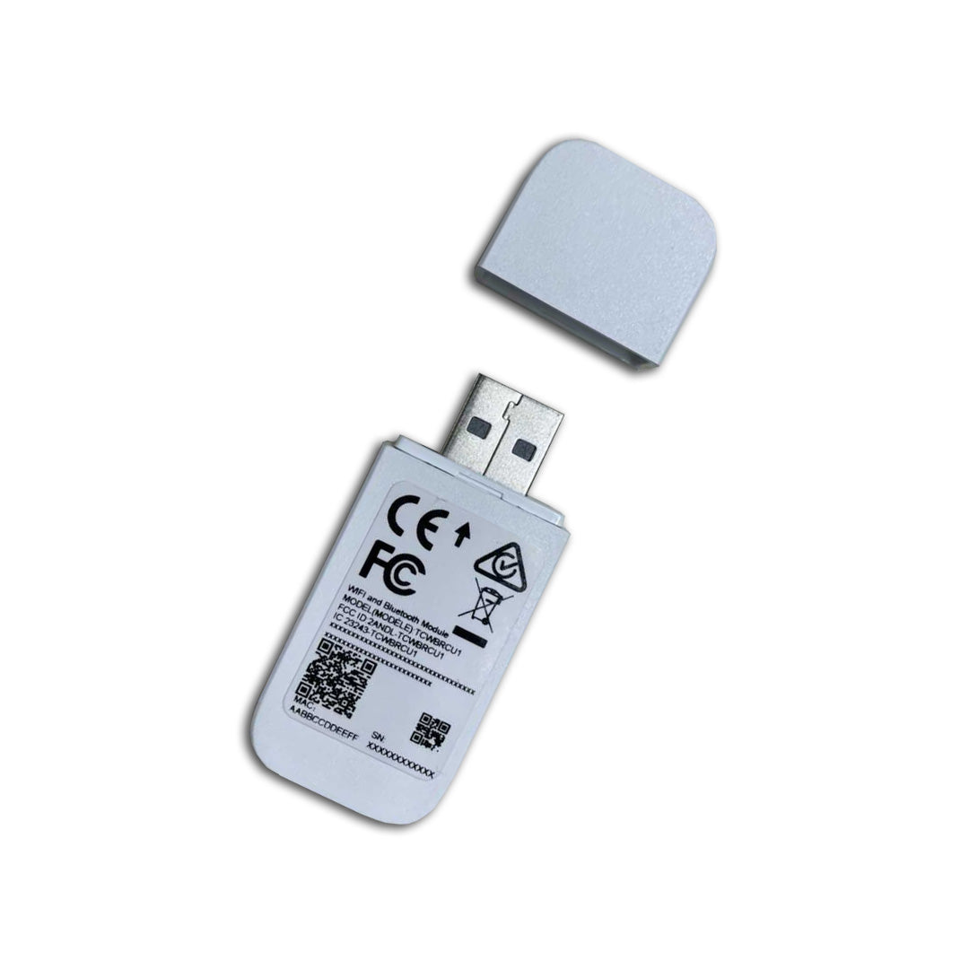 A gray Pioneer brand replacement USB dongle for air conditioner systems, with a USB connector on one end and label detailing on the other.