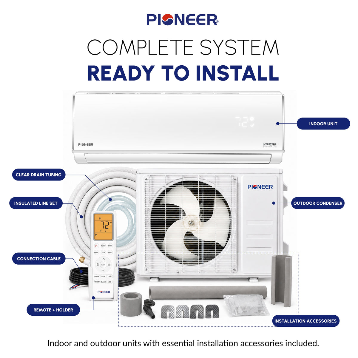 Pioneer® Diamante Pro™ 24,000 BTU 21 SEER2 230V High-Wall Ductless Mini-Split Air Conditioner Inverter Heat Pump with 16 Ft. Kit