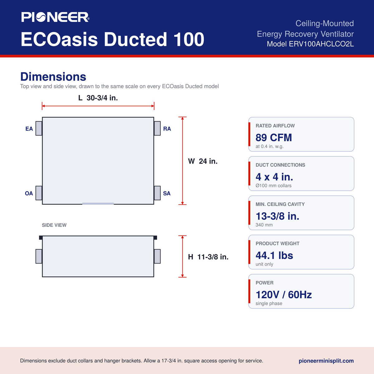 Pioneer® ECOasis Ducted 100 Ceiling-Mounted Energy Recovery Ventilator, 89 CFM, 4 in. Ducts