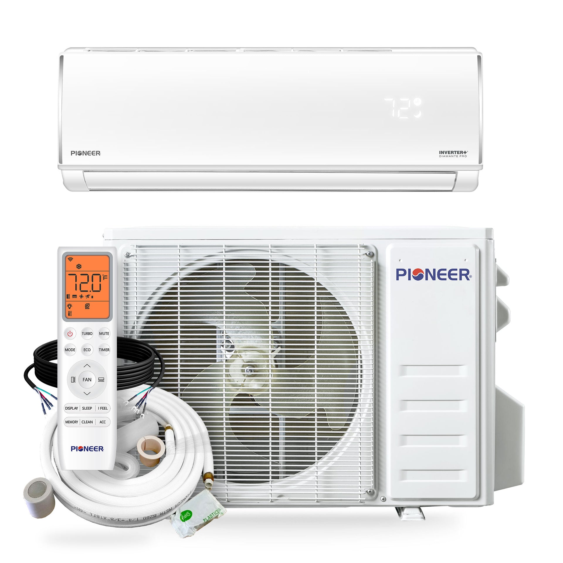 Pioneer® Diamante Pro™ 12 000 BTU 20 SEER2 115V High Wall Ductless Mini Split Air Conditioner Inverter Heat Pump 16 Ft. Kit