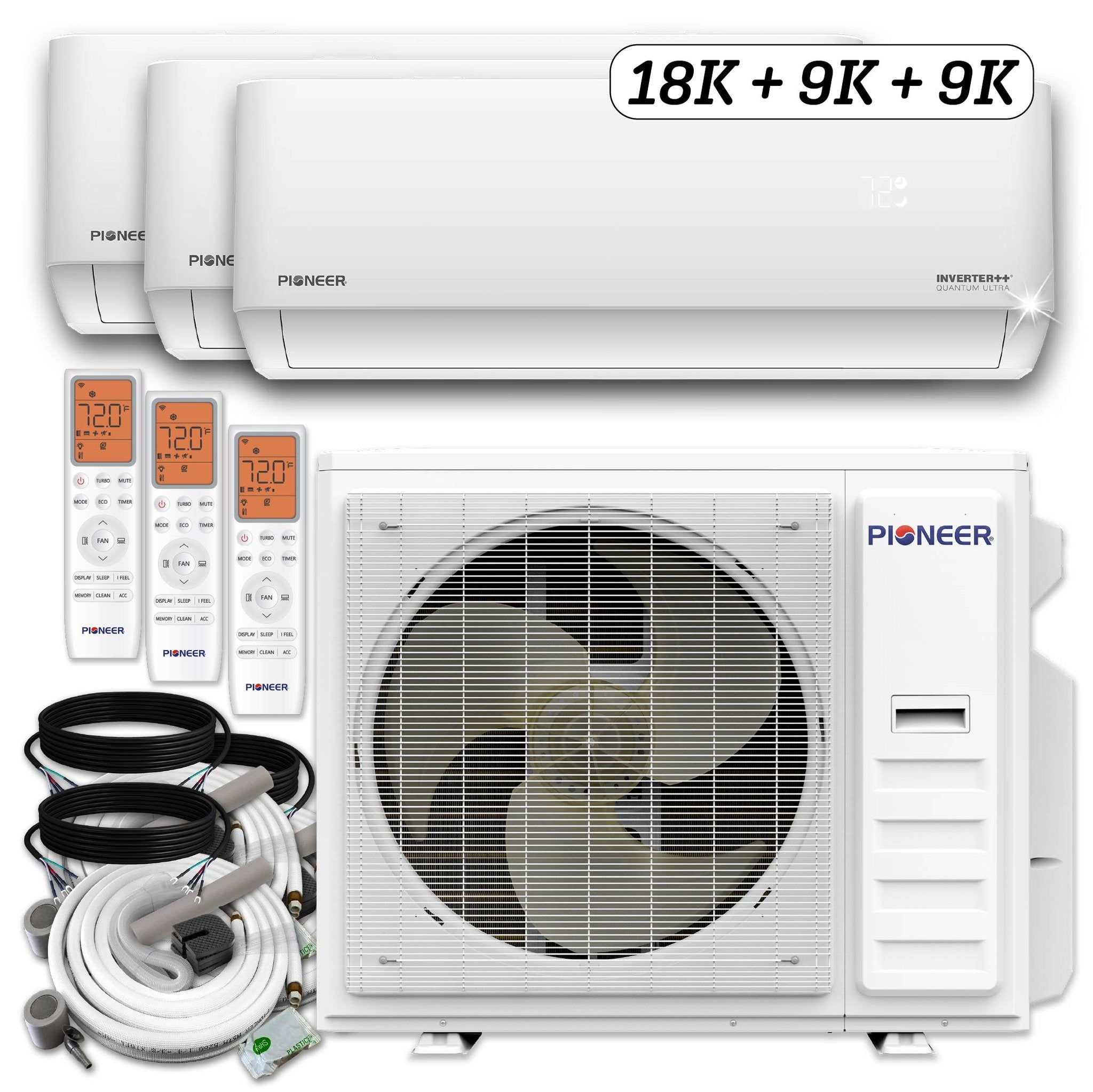 Triple Split 36000 BTU 3-Ton Quantum Ultra Wi-Fi 22.5 SEER2 Energy-Star Multi (3) Zone Wall Mount Air Conditioner Heat Pump 230-Volt