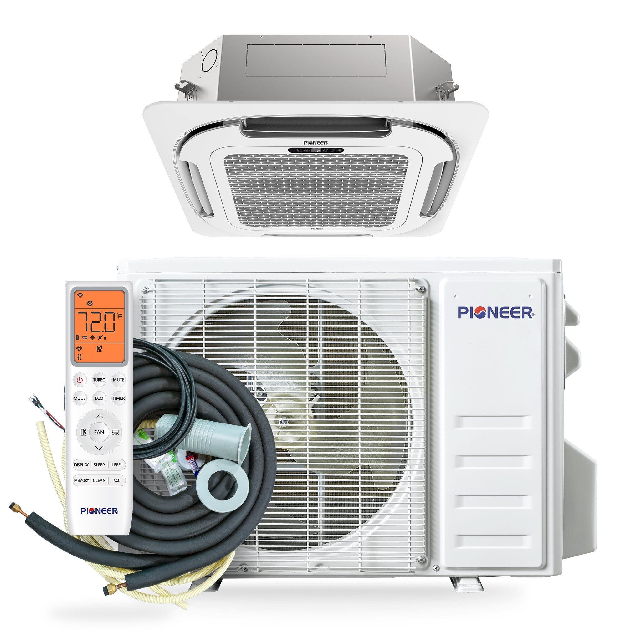Pioneer Quantum Ultra 9,000 BTU 23 SEER2 230V 8-Way Ceiling Cassette Ductless Mini-Split Air Conditioner Inverter Heat Pump Full Set
