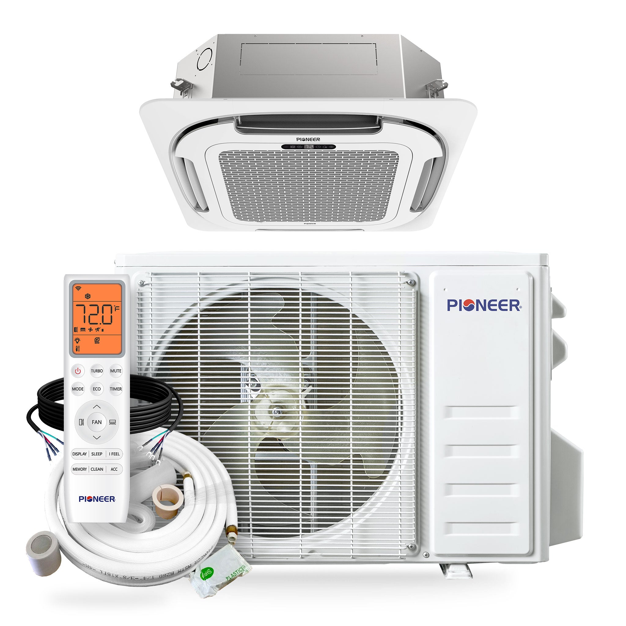 Pioneer® Quantum Ultra™ 9,000 BTU 23 SEER2 230V 8-Way Ceiling Cassette Ductless Mini-Split Air Conditioner Inverter Heat Pump Full Set