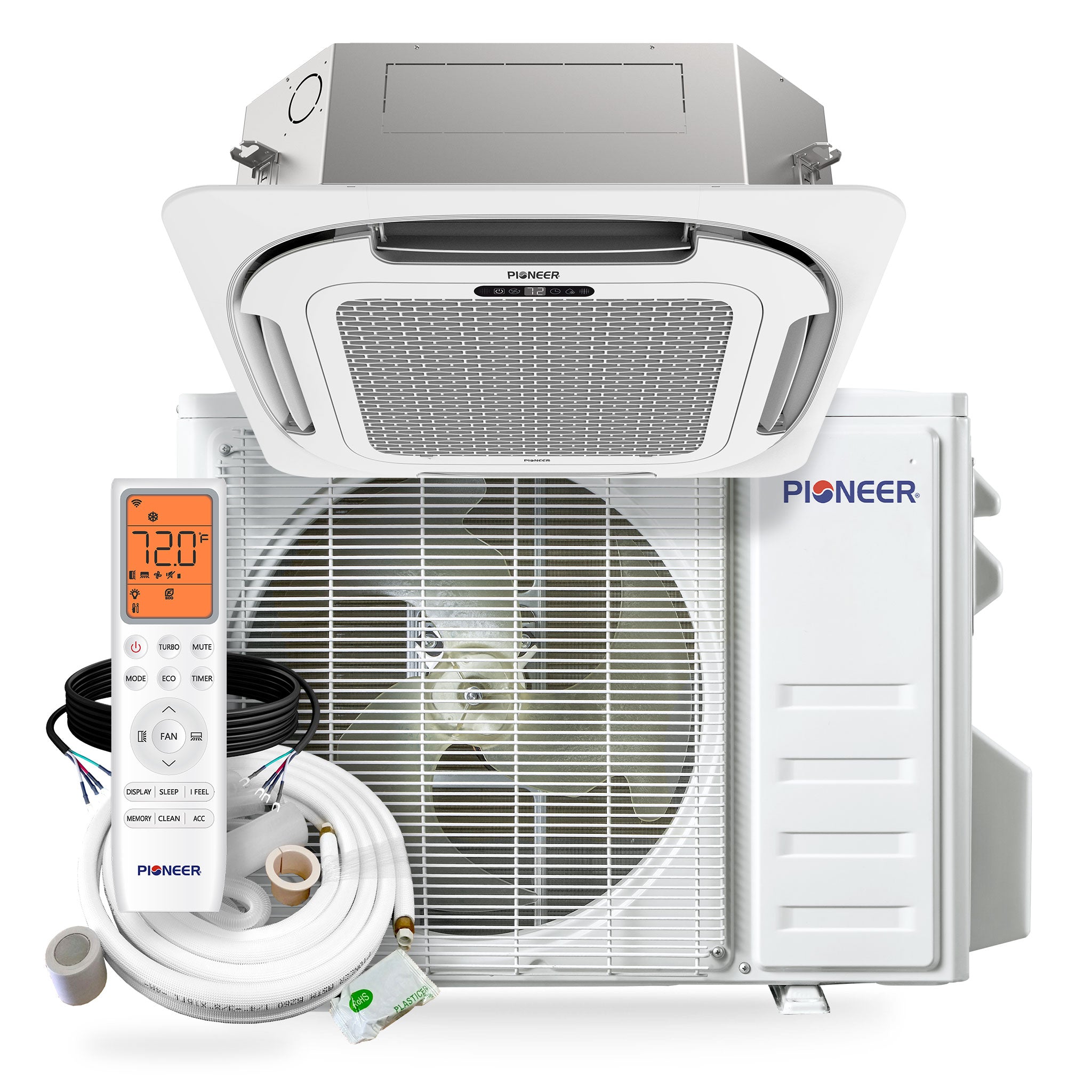 Pioneer® Quantum Ultra™ 18,000 BTU 20.5 SEER2 230V 8-Way Ceiling Cassette Ductless Mini-Split Air Conditioner Inverter Heat Pump Full Set