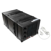 A black Pioneer brand under-bench RV inverter heat pump air conditioner with power cord.