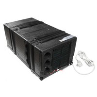 A black Pioneer brand under-bench RV inverter heat pump air conditioner with power cord.